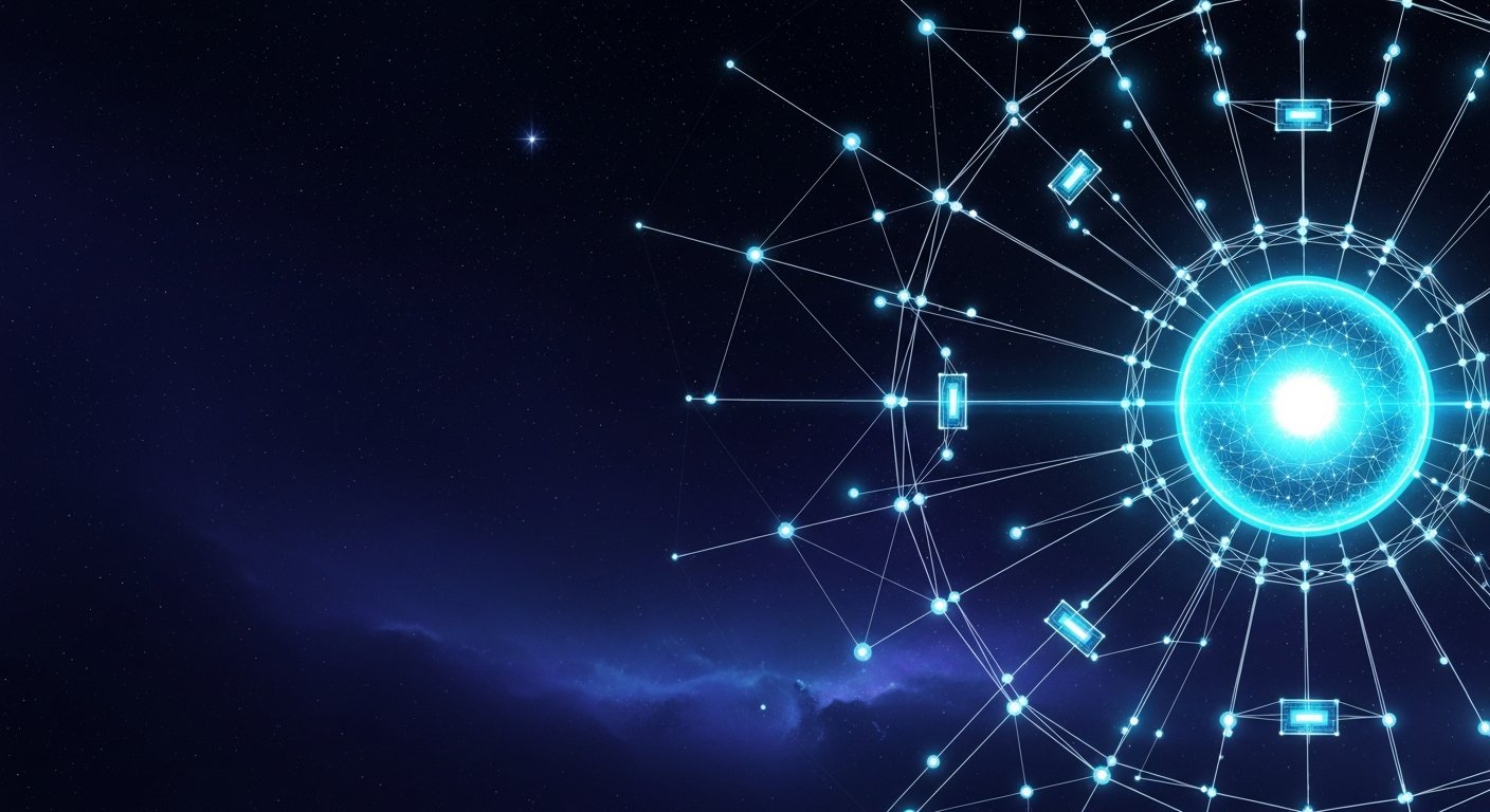 XorionTechnology — cosmic cyberpunk illustration of a glowing cyan node sphere in deep space with silver wireframe lattice