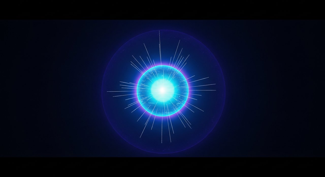 Nucleus — single luminous cyan core in deep space