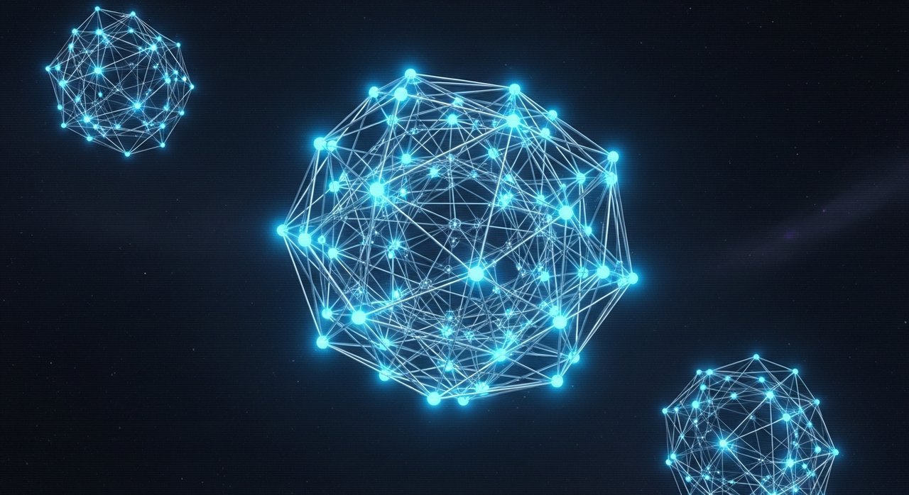 Lattice — silver wireframe with cyan glowing nodes